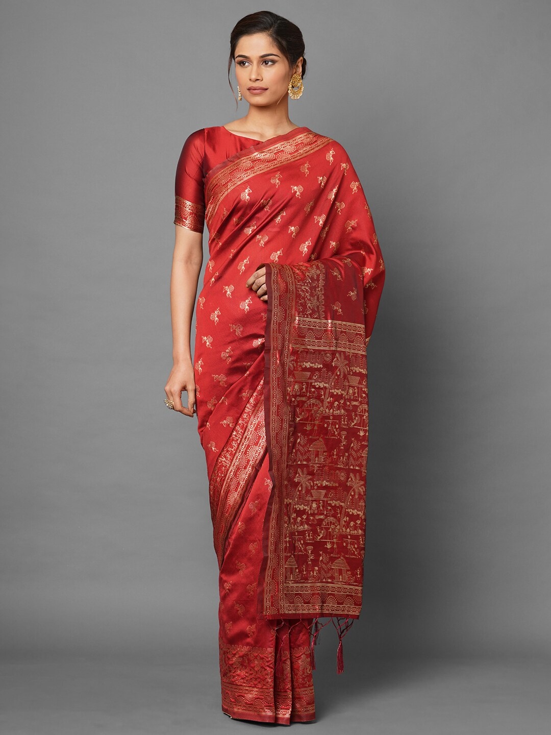 

Mitera Maroon & Gold-Toned Warli Gotta Patti Silk Blend Banarasi Saree