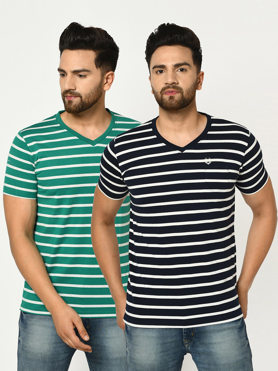 

Duke Men Pack Of 2 Green & Black Striped V-Neck Slim Fit T-shirt