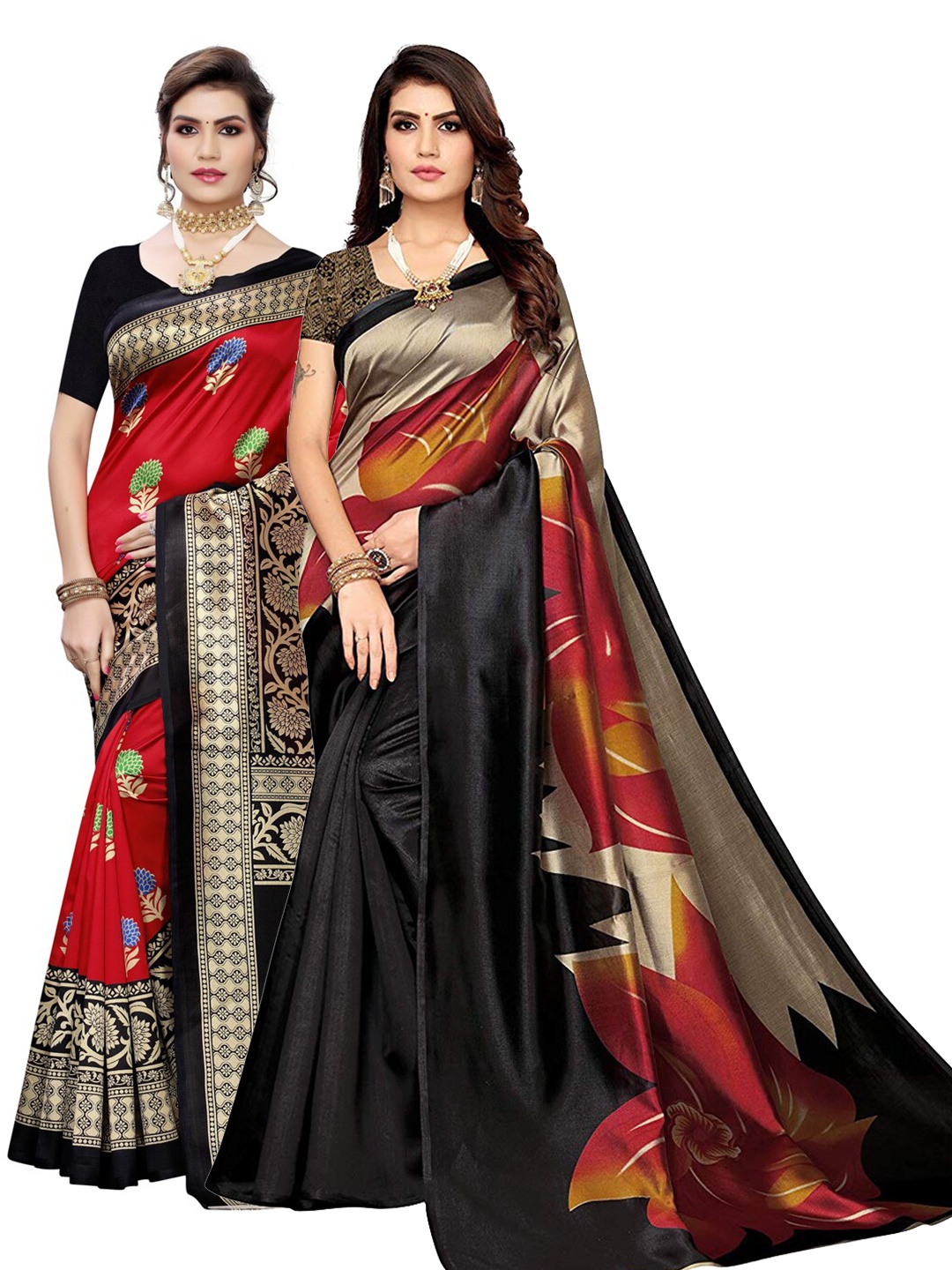 

KALINI Pack of 2 Poly Silk Saree, Red