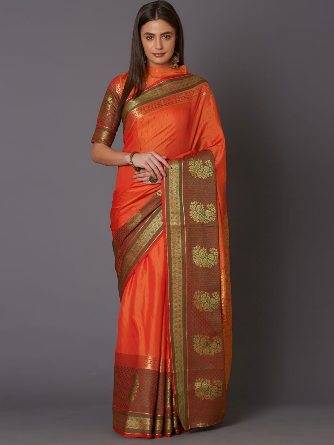 

Mitera Orange & Green Paisley Silk Blend Saree