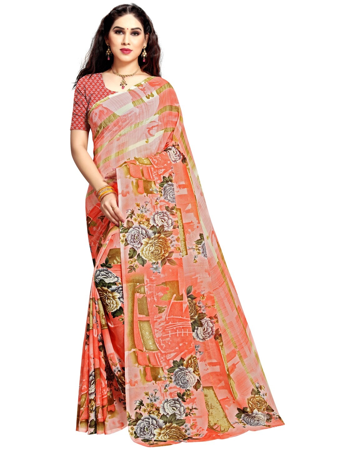 

ANAND SAREES Peach & Green Floral Poly Georgette Saree
