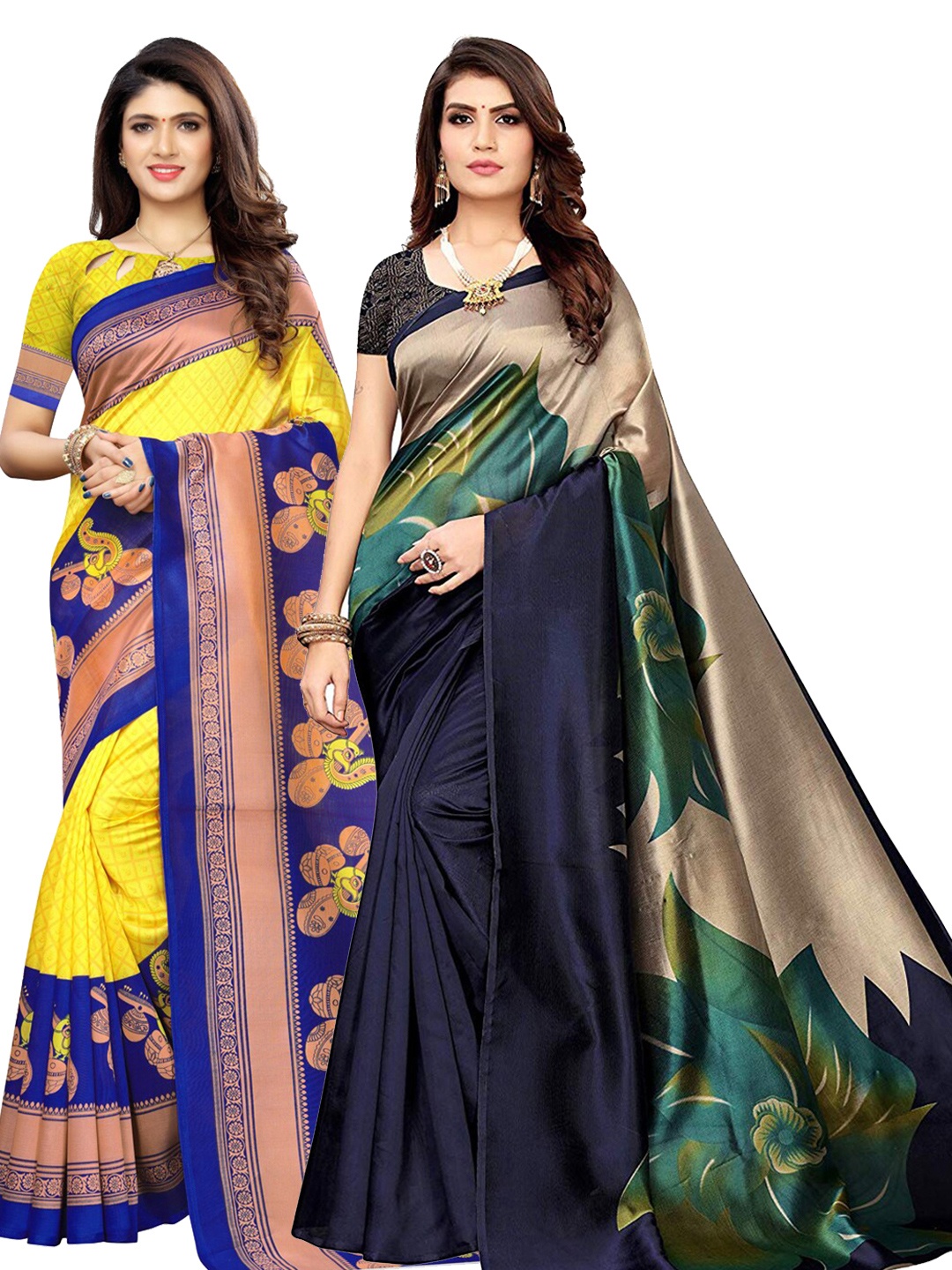 

KALINI Yellow & Navy Blue Pack of 2 Ethnic Motifs Saree