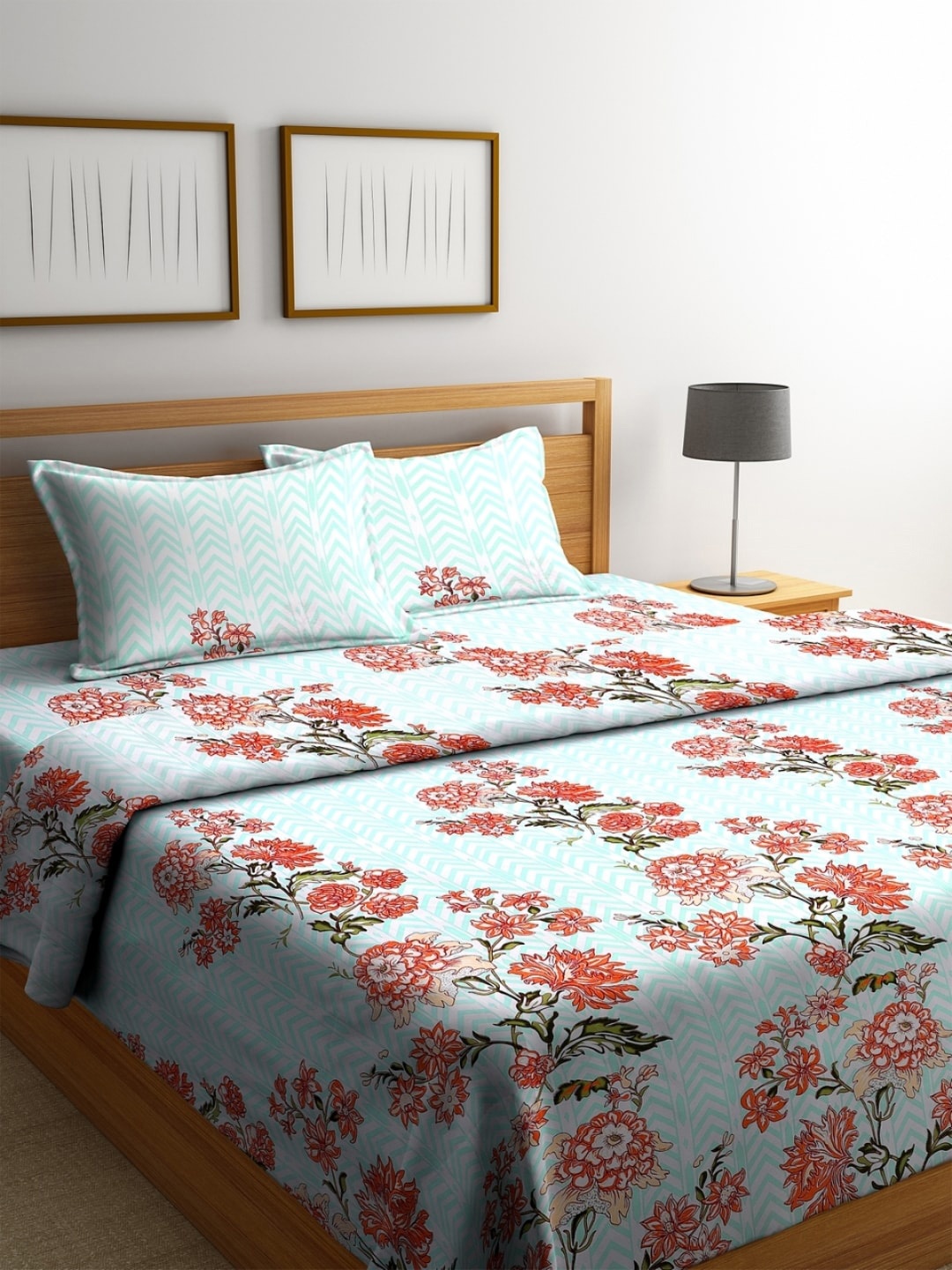 

ROMEE Turquoise Blue & Orange Floral Printed Cotton Double King Bedding Set