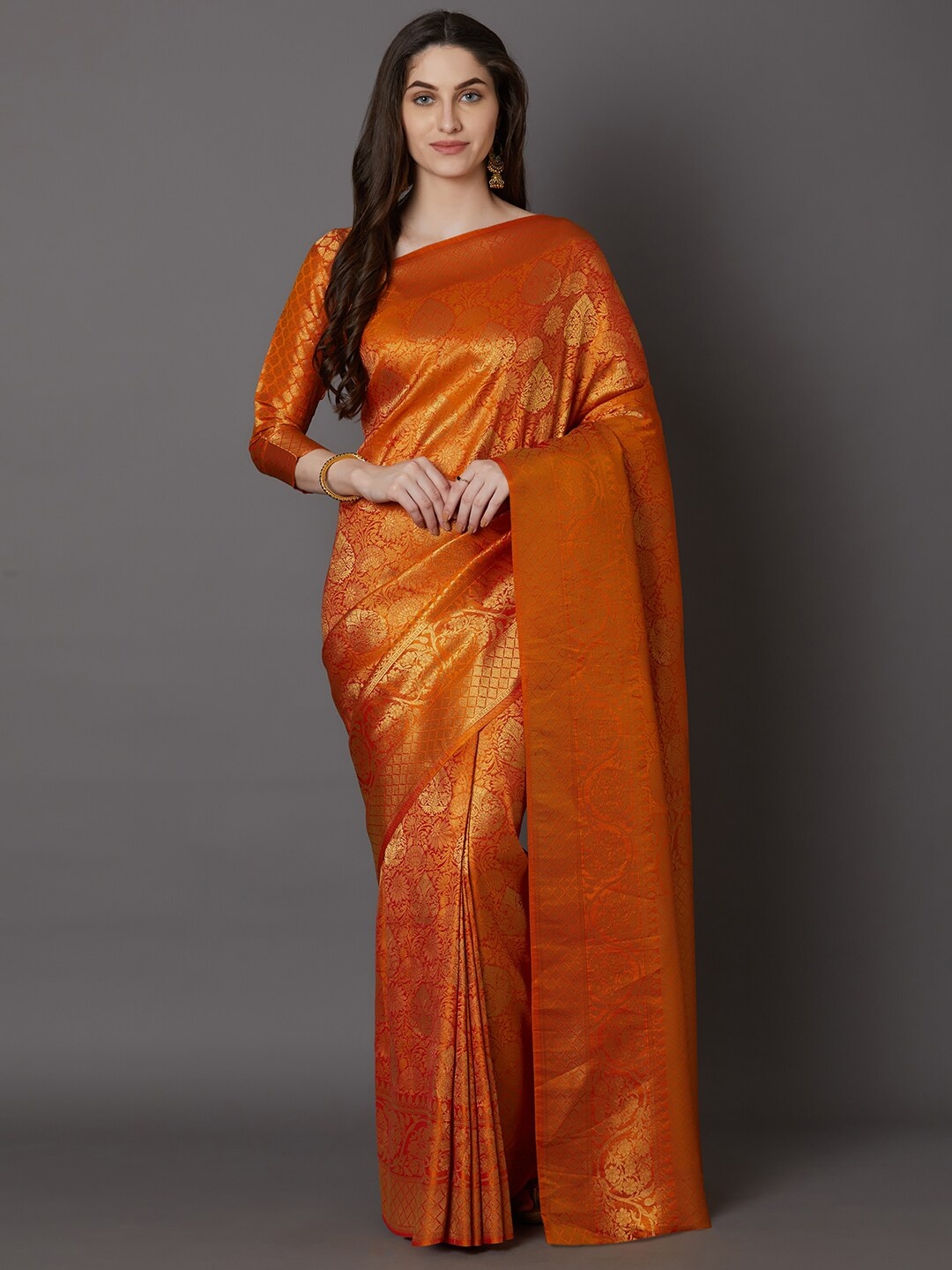 Mitera Women Orange & Gold Woven Design Banarasi Festive Saree