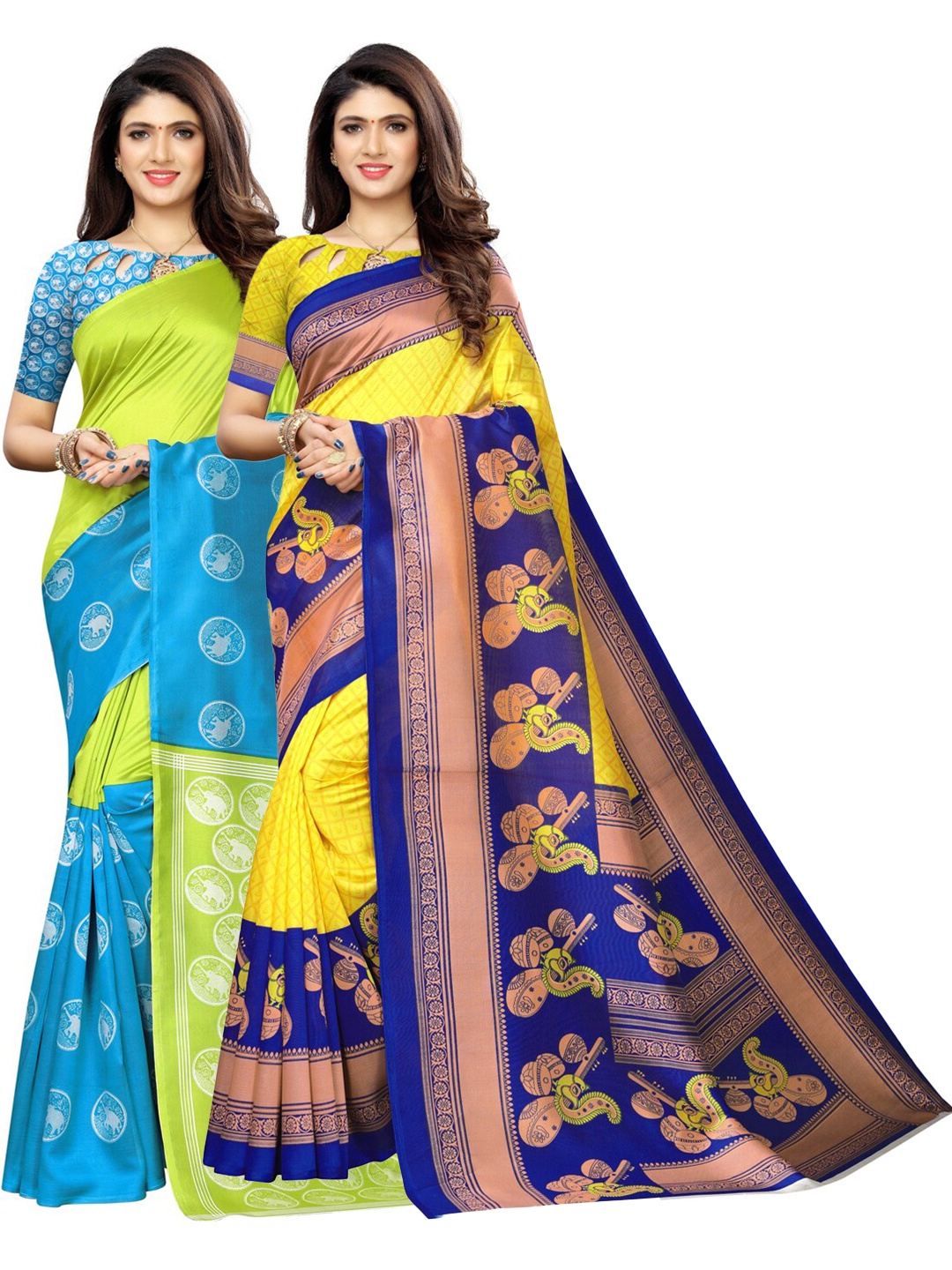 

KALINI Green & Yellow Set of 2 Printed Saree