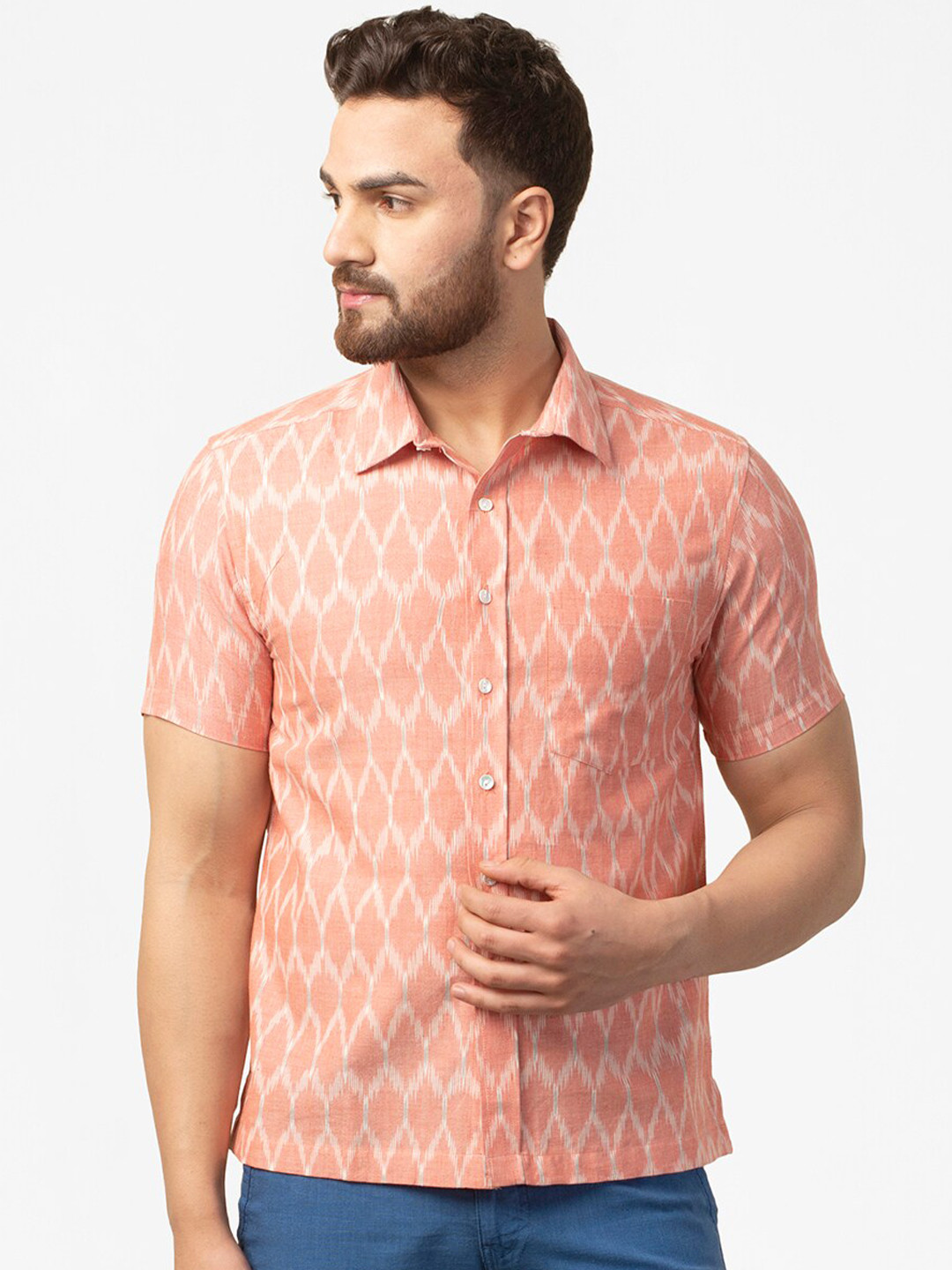 

Fabindia Men Pink Ikat Print Cotton Regular Fit Casual Shirt