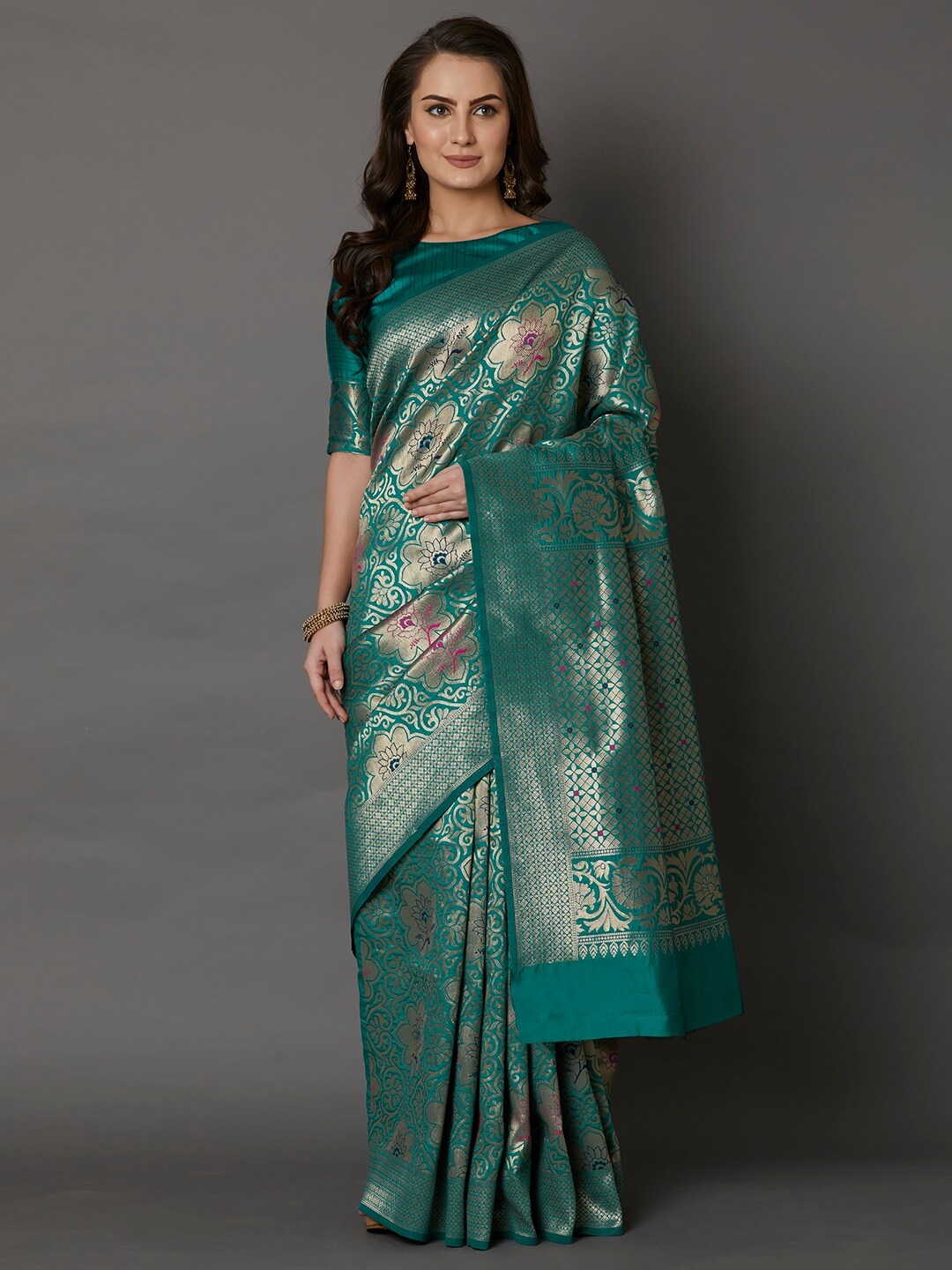 

Mitera Teal & Gold-Toned Floral Zari Silk Blend Saree