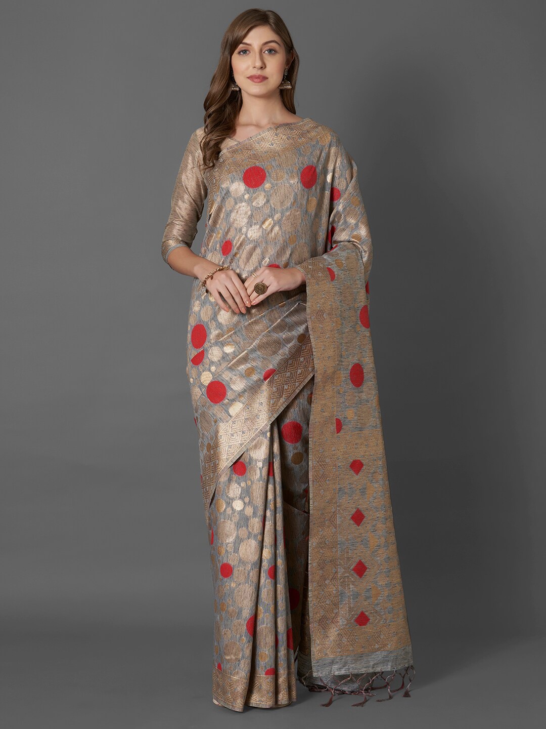 

Mitera Grey & Gold-Toned Woven Design Zari Silk Cotton Saree
