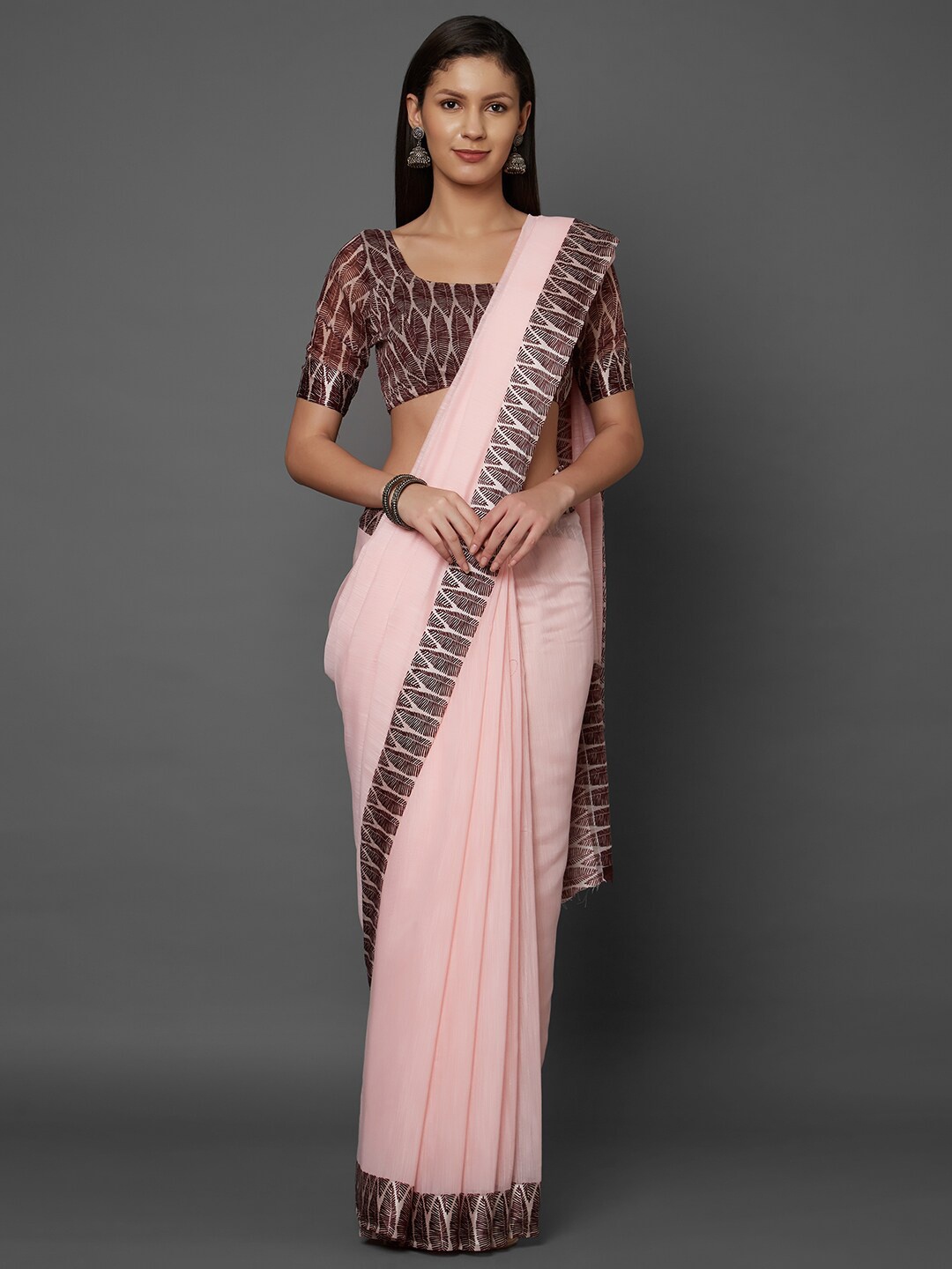 

Mitera Pink & Brown Solid Linen Blend Saree