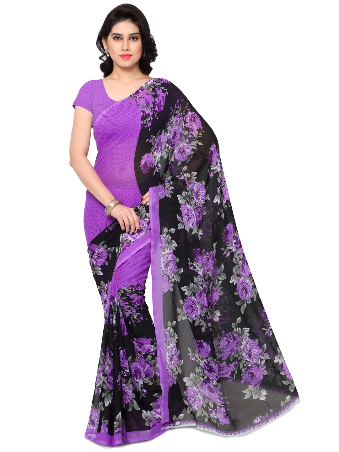 

Moda Rapido Purple & Black Floral Poly Georgette Saree