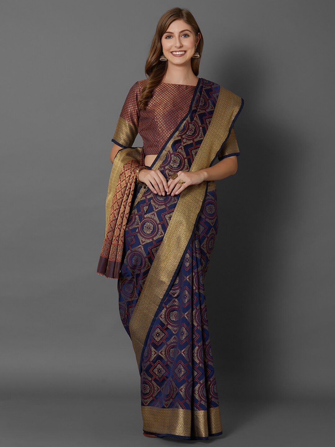 Mitera Blue & Red Woven Design Zari Silk Blend Banarasi Saree