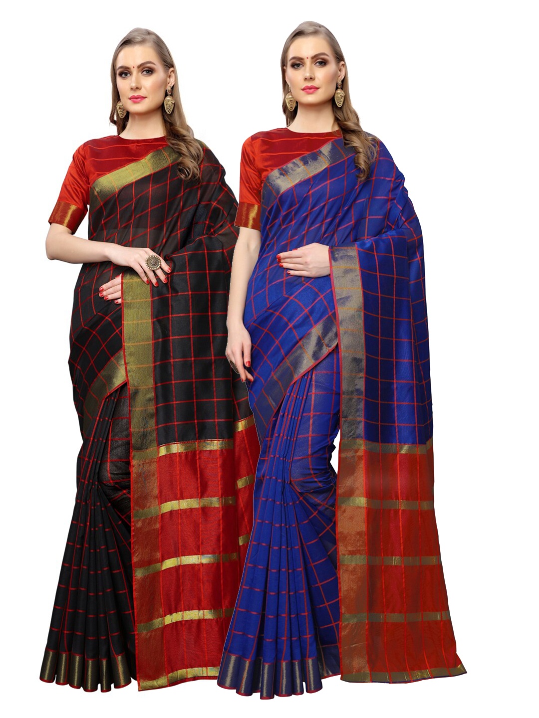 

KALINI Pack of 2 Blue & Black Checked Zari Silk Cotton Saree