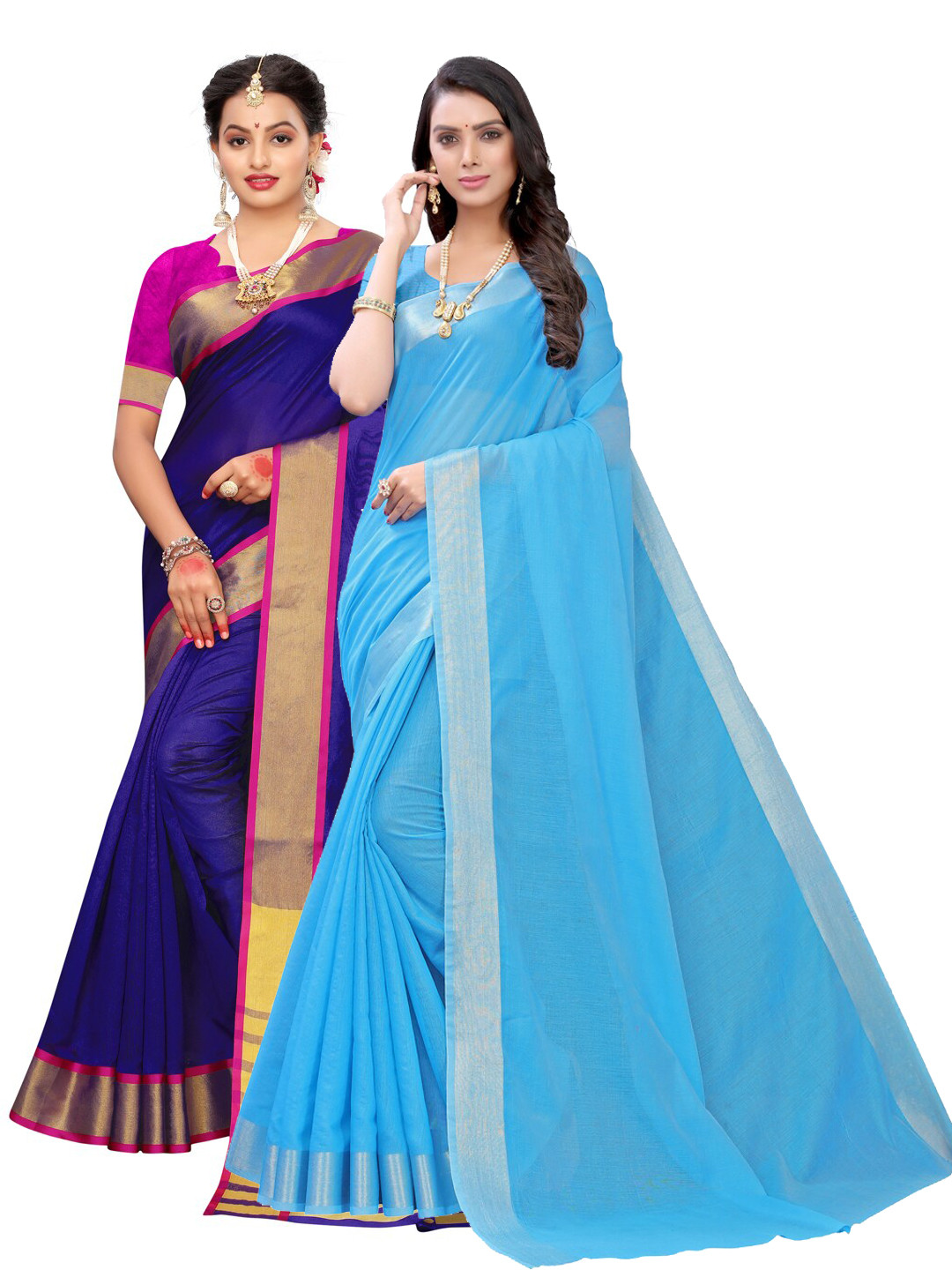 

KALINI Blue Set of 2 Silk Cotton Chanderi Saree