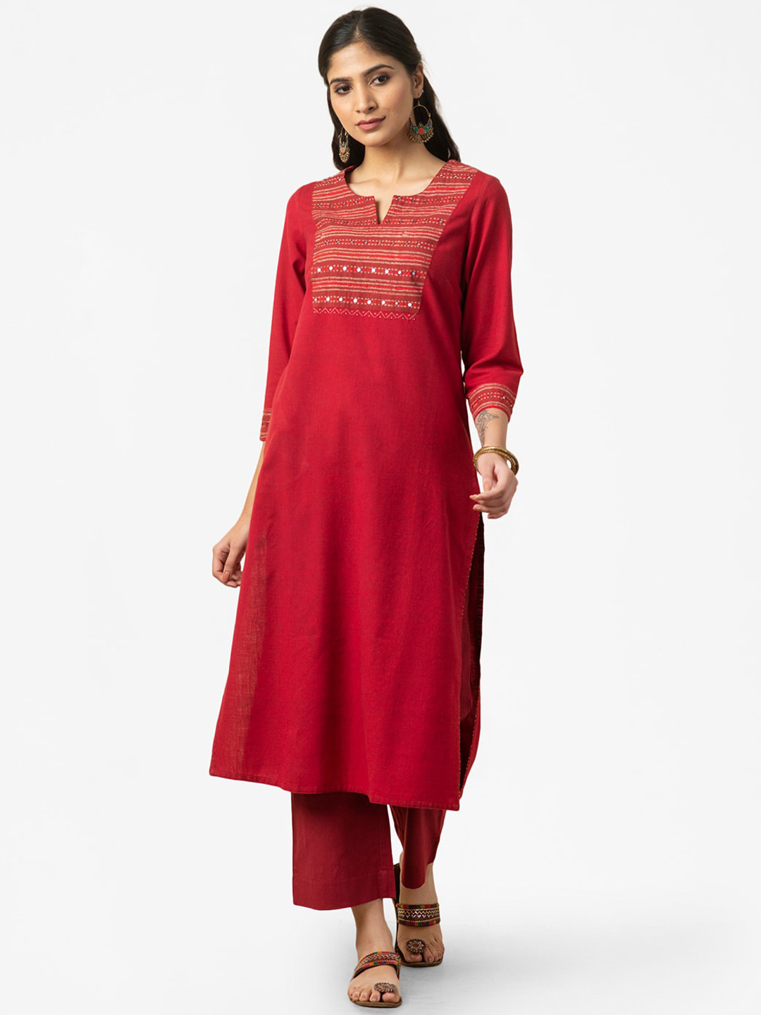 

Fabindia Women Maroon Yoke Design Yoke Design Keyhole Neck Flared Sleeves Thread Work Kurta