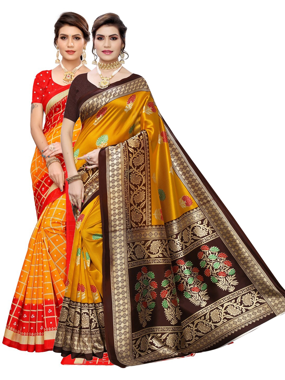 

KALINI Pack of 2 Poly Silk Saree, Red