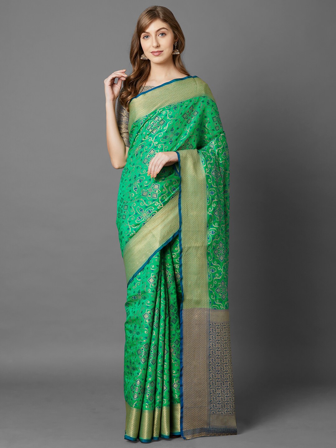 

Mitera Green & Blue Ethnic Motifs Zari Silk Blend Kanjeevaram Saree