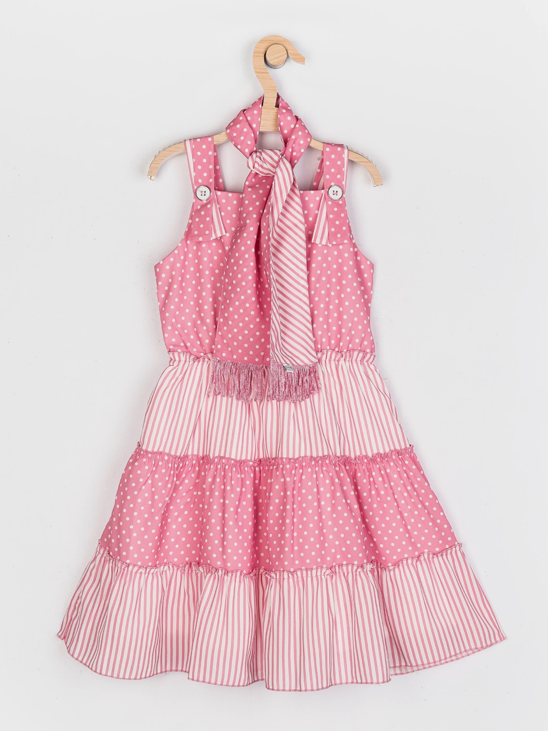 

Peppermint Girls Pink Polka Dot printed & Striped Fit & Flare Tiered Dress