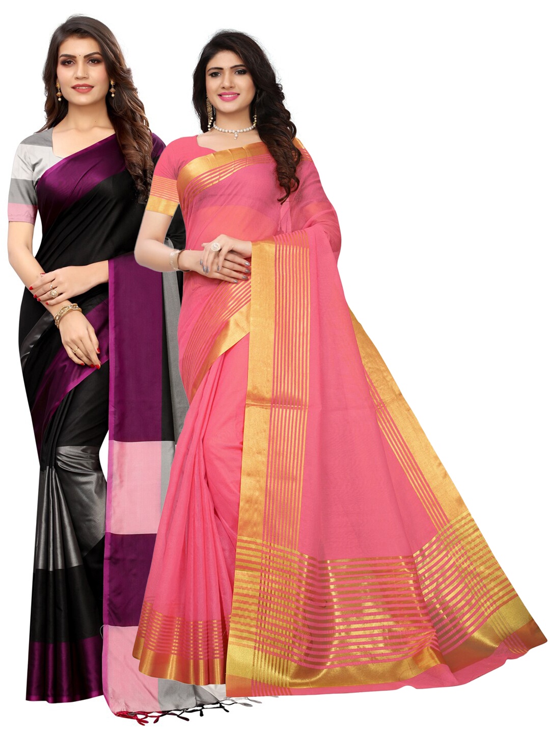 

KALINI Pack Of 2 Striped Saree, Black