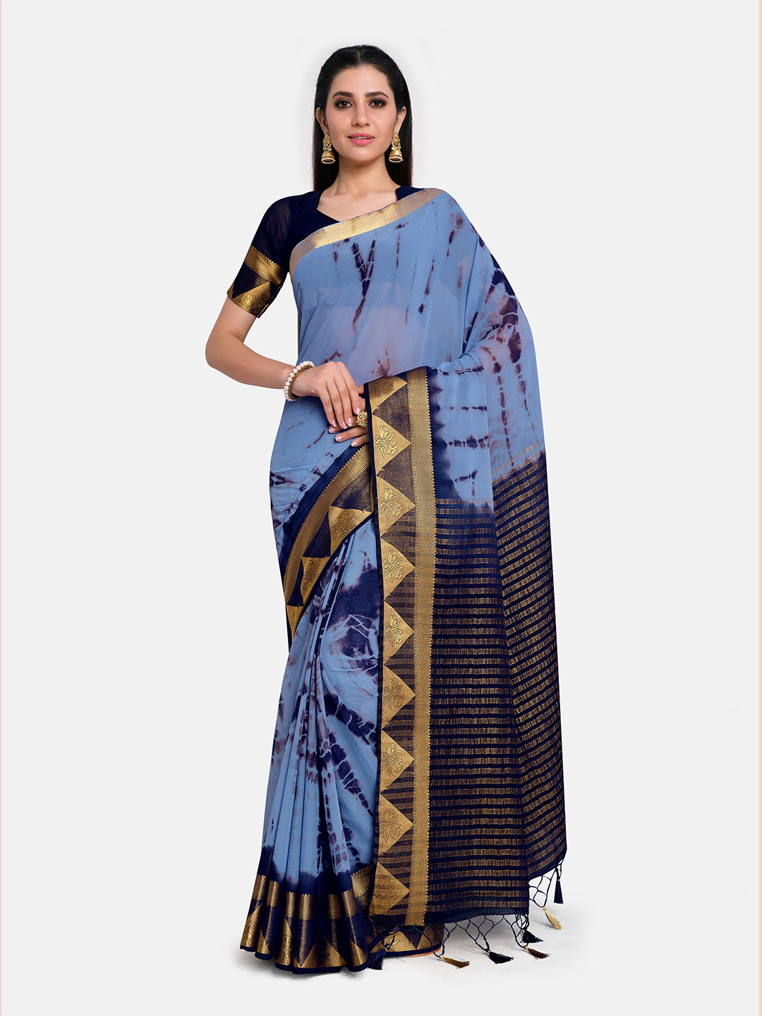

MIMOSA Blue & Gold-Toned Tie and Dye Banarasi Saree