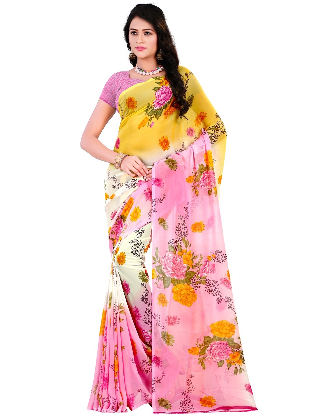 

ANAND SAREES Pink & White Floral Poly Georgette Saree