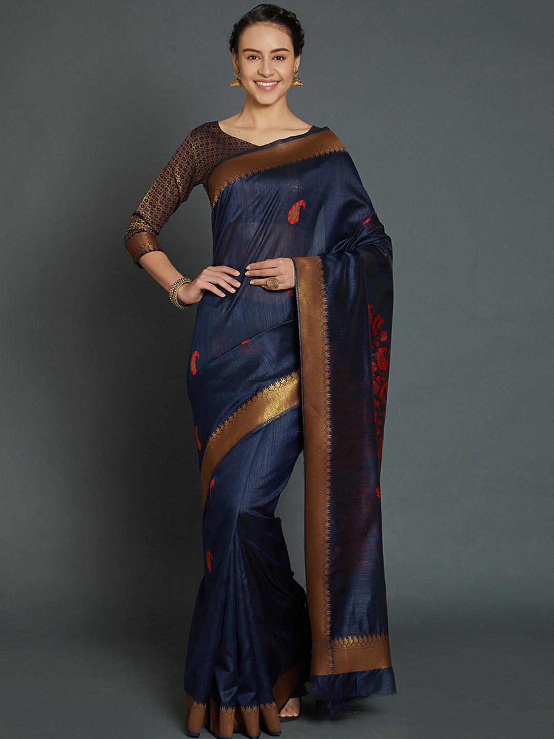 

Mitera Navy Blue & Red Paisley Zari Silk Blend Banarasi Saree
