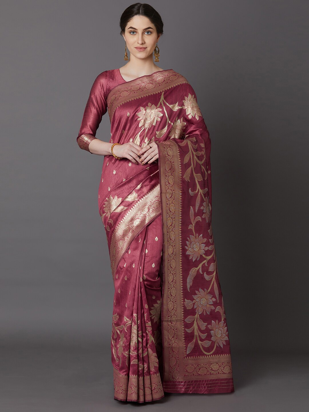 

Mitera Magenta & Gold-Toned Woven Design Silk Blend Kanjeevaram Saree