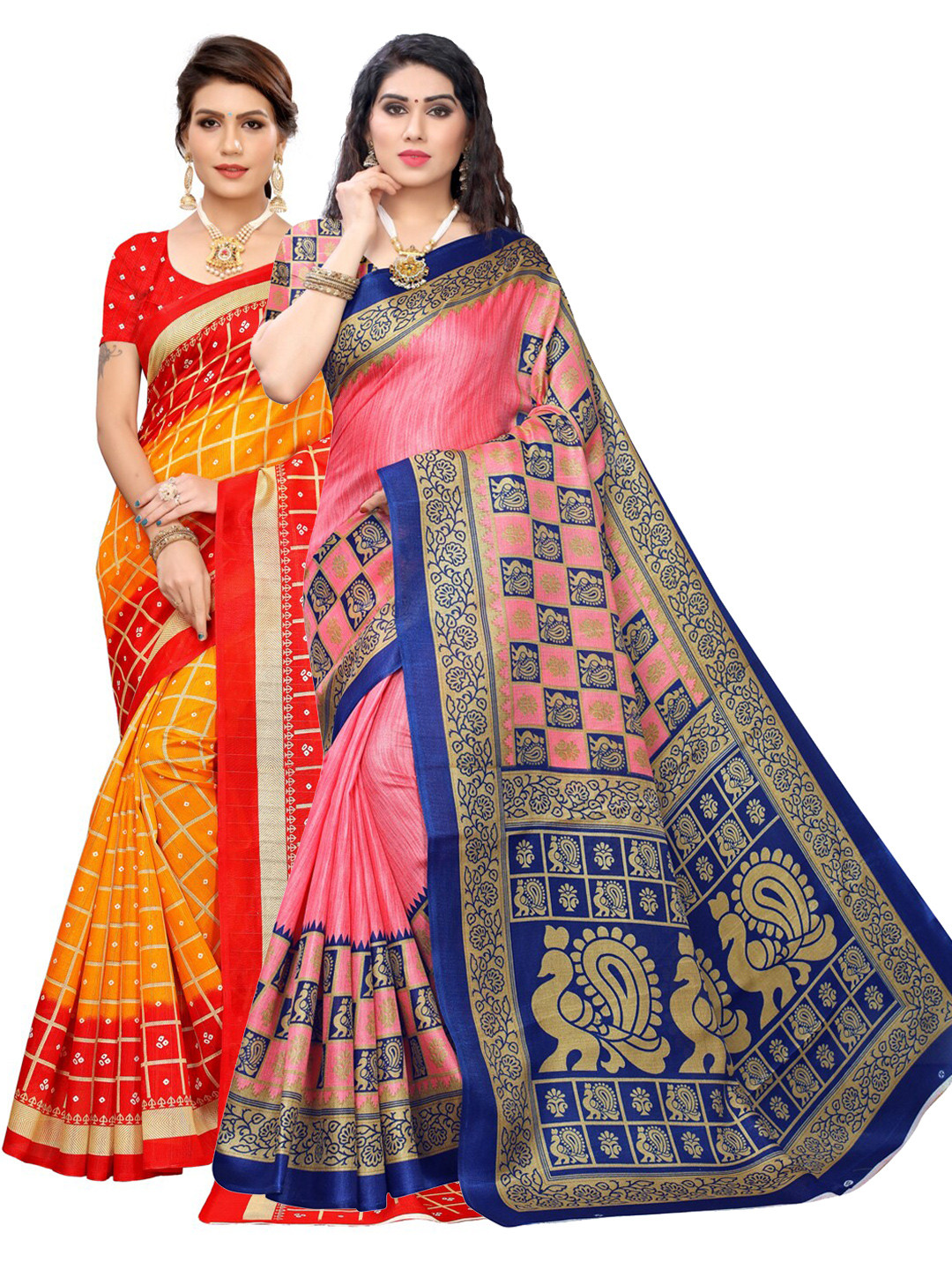 

KALINI Pack of 2 Red & Pink Ethnic Motifs Poly Silk Saree