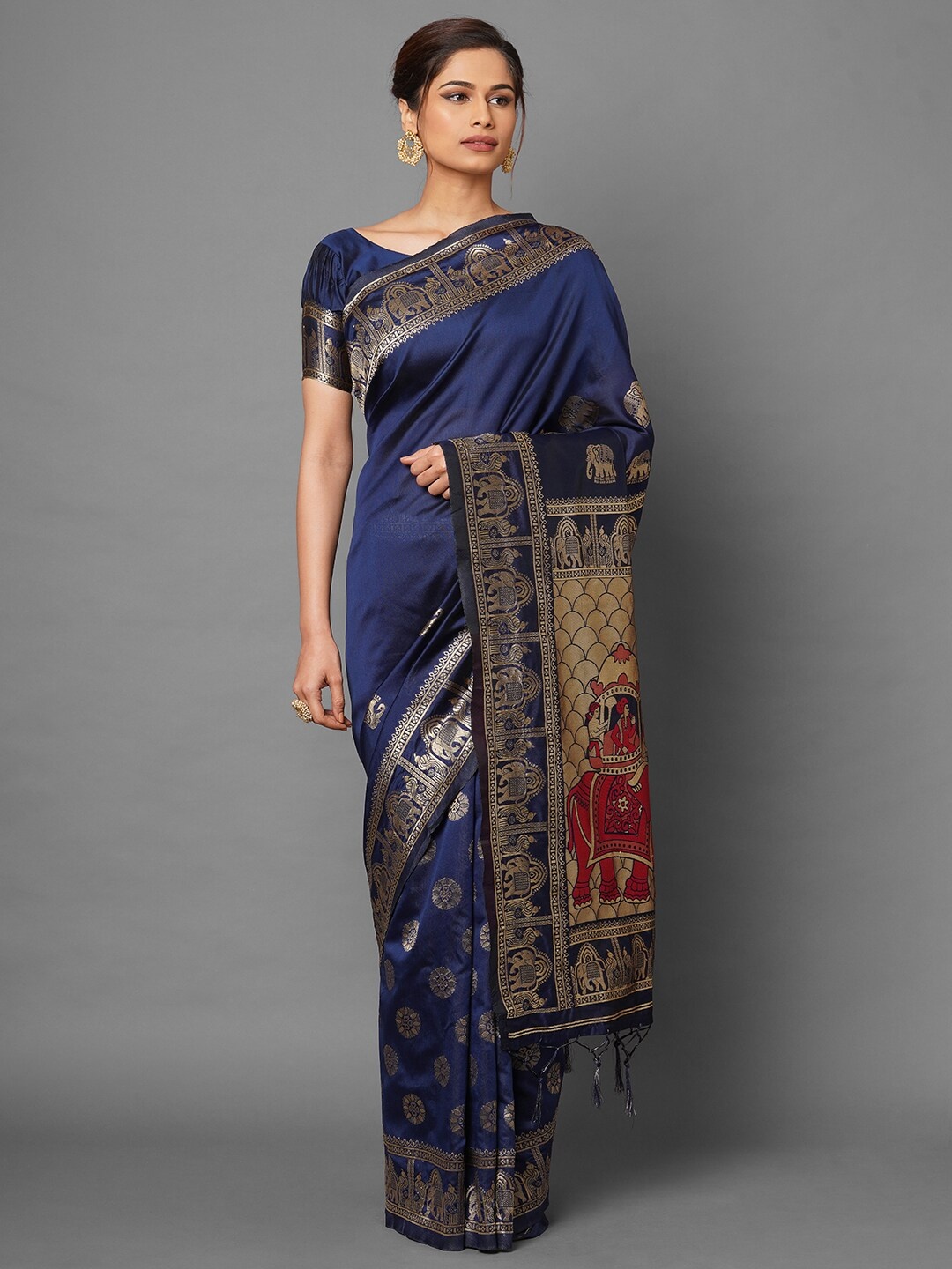 

Mitera Women Navy Blue & Red Woven Design Gotta Patti Silk Blend Banarasi Saree