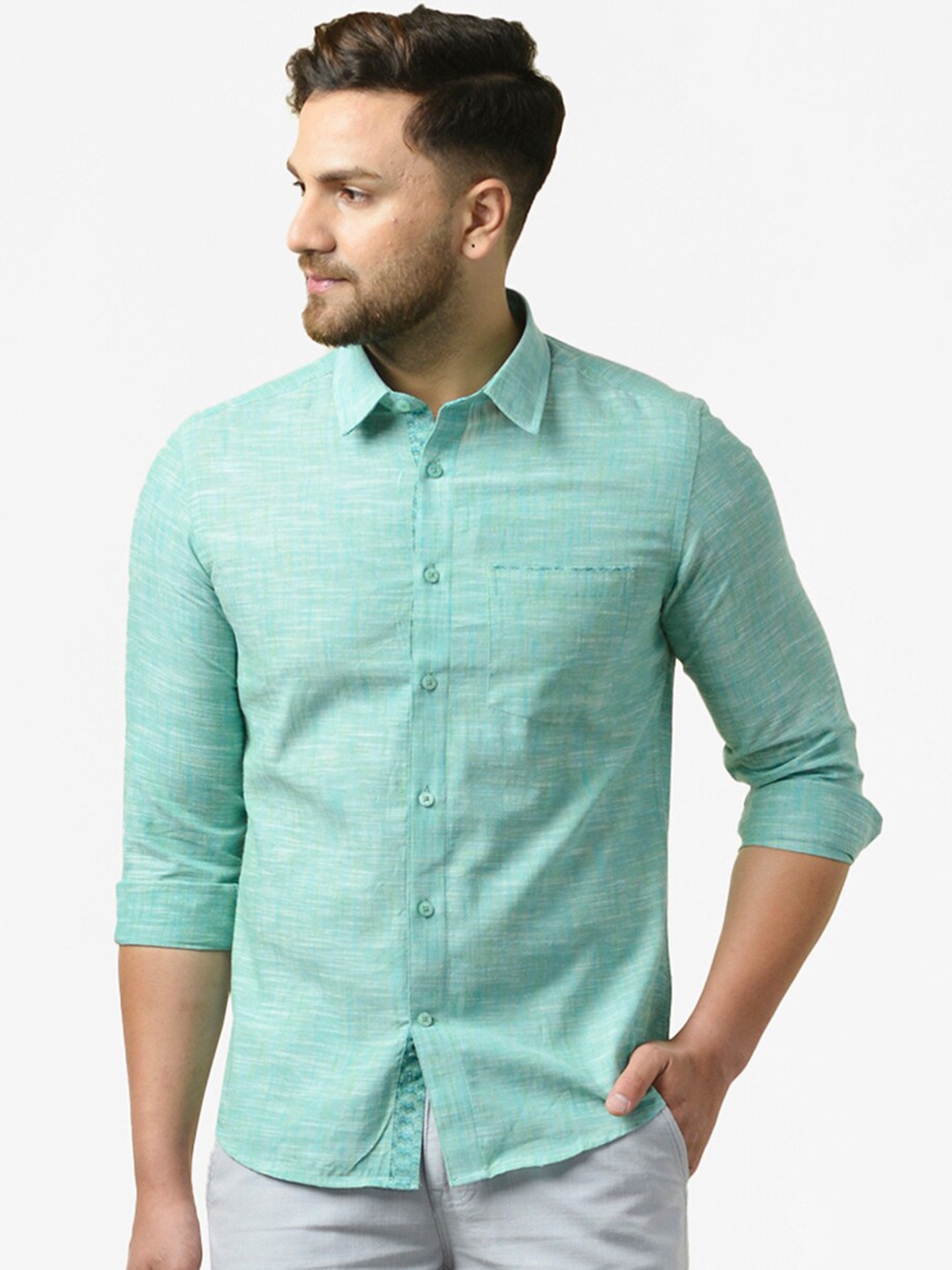 

Fabindia Men Green Solid Cotton Slim Fit Casual Shirt