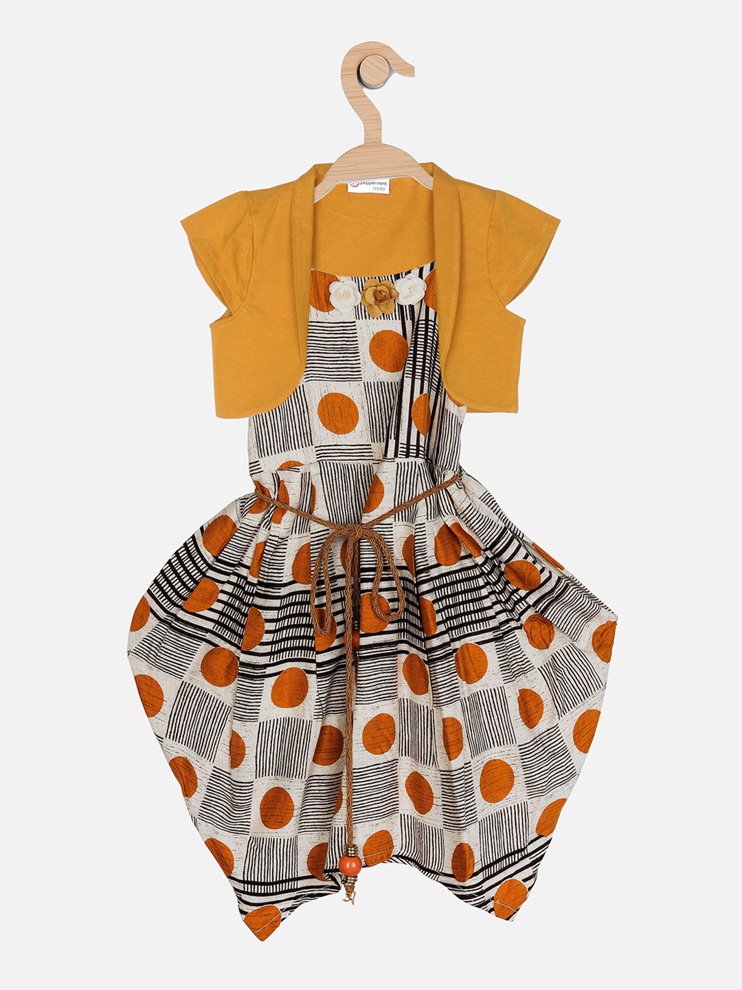 

Peppermint Mustard Yellow & Beige Printed Fit & Flare Dress With Jacket