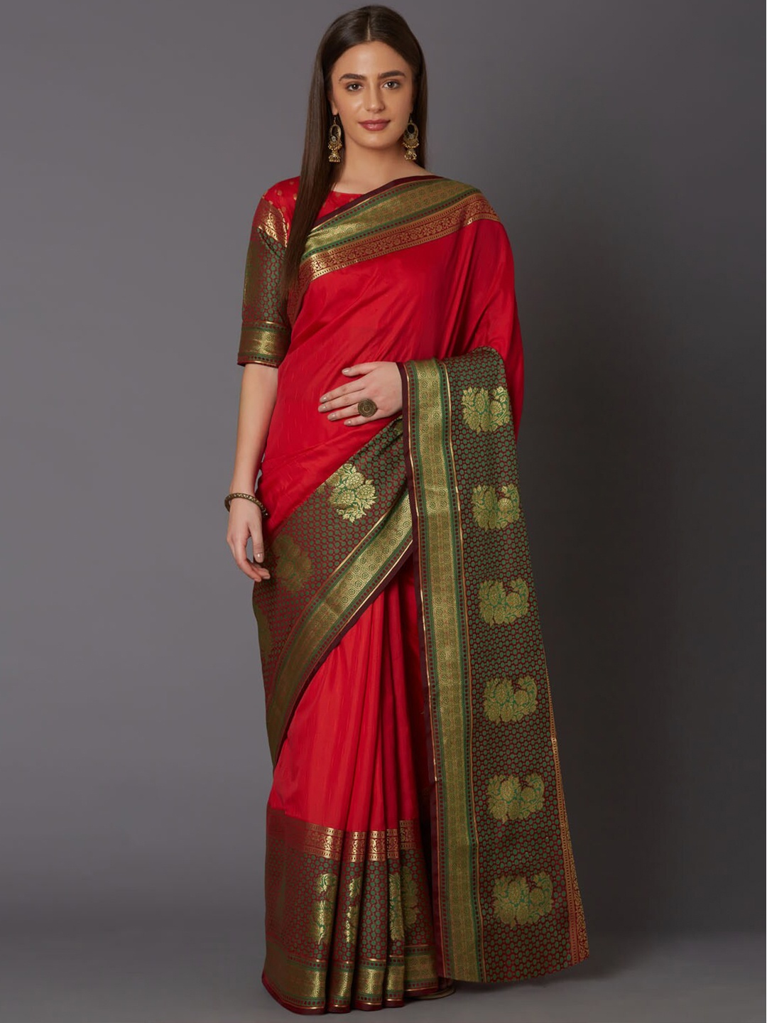 

Mitera Red & Green Zari Ethnic Motifs Silk Blend Saree