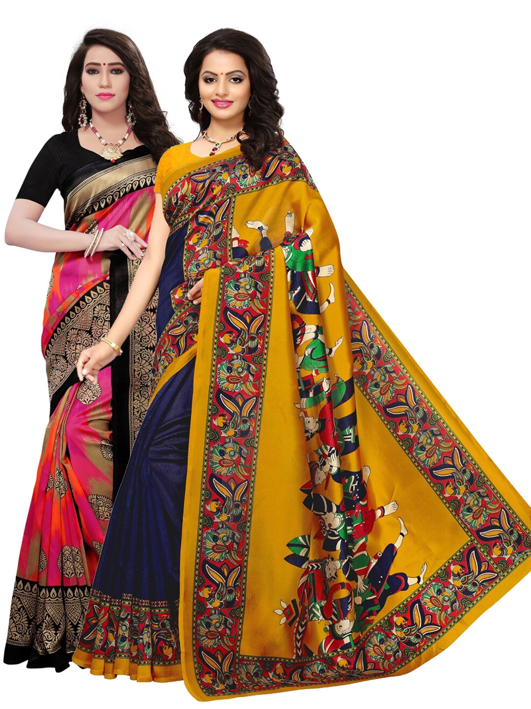 

KALINI Pack of 2 Navy Blue & Pink Ethnic Motifs Poly Silk Saree
