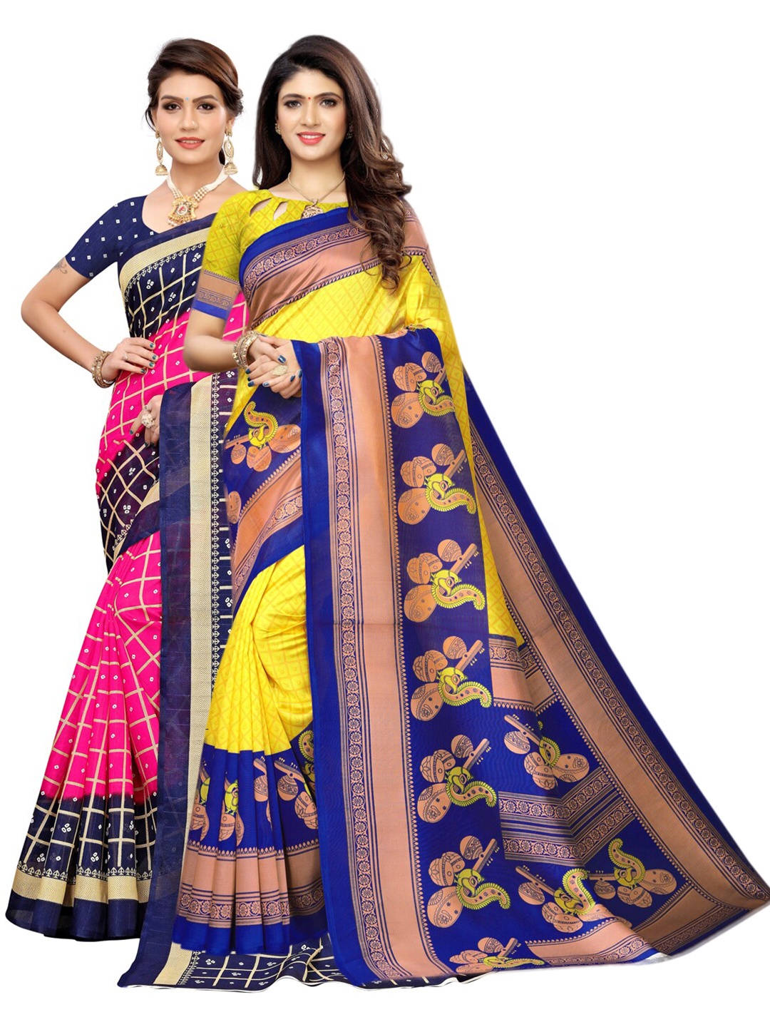 

KALINI Navy Blue & Yellow Pack of 2 Checked Saree