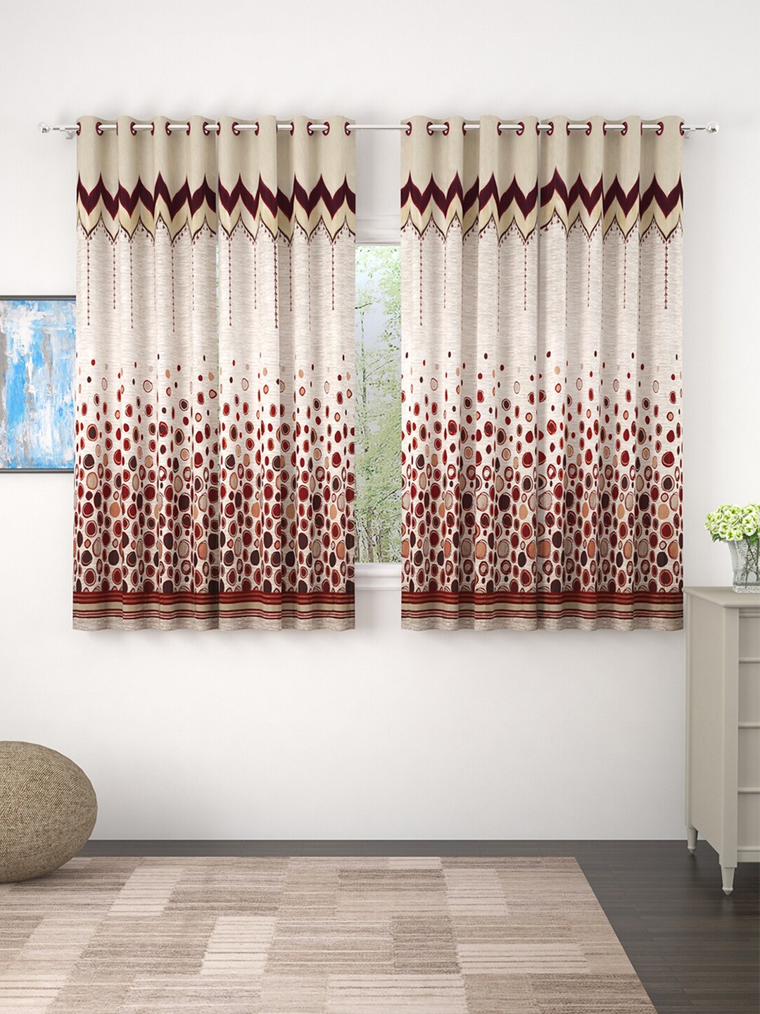 

Story@home Beige & Maroon Set of 4 350GSM Room Darkening Eyelet Window Curtains