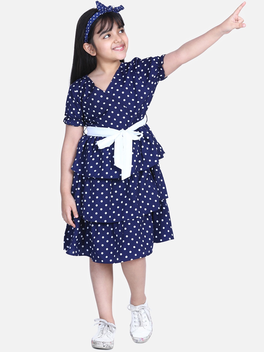 

StyleStone Girls Navy Blue & White Polka Dots Printed Tiered Casual Dress