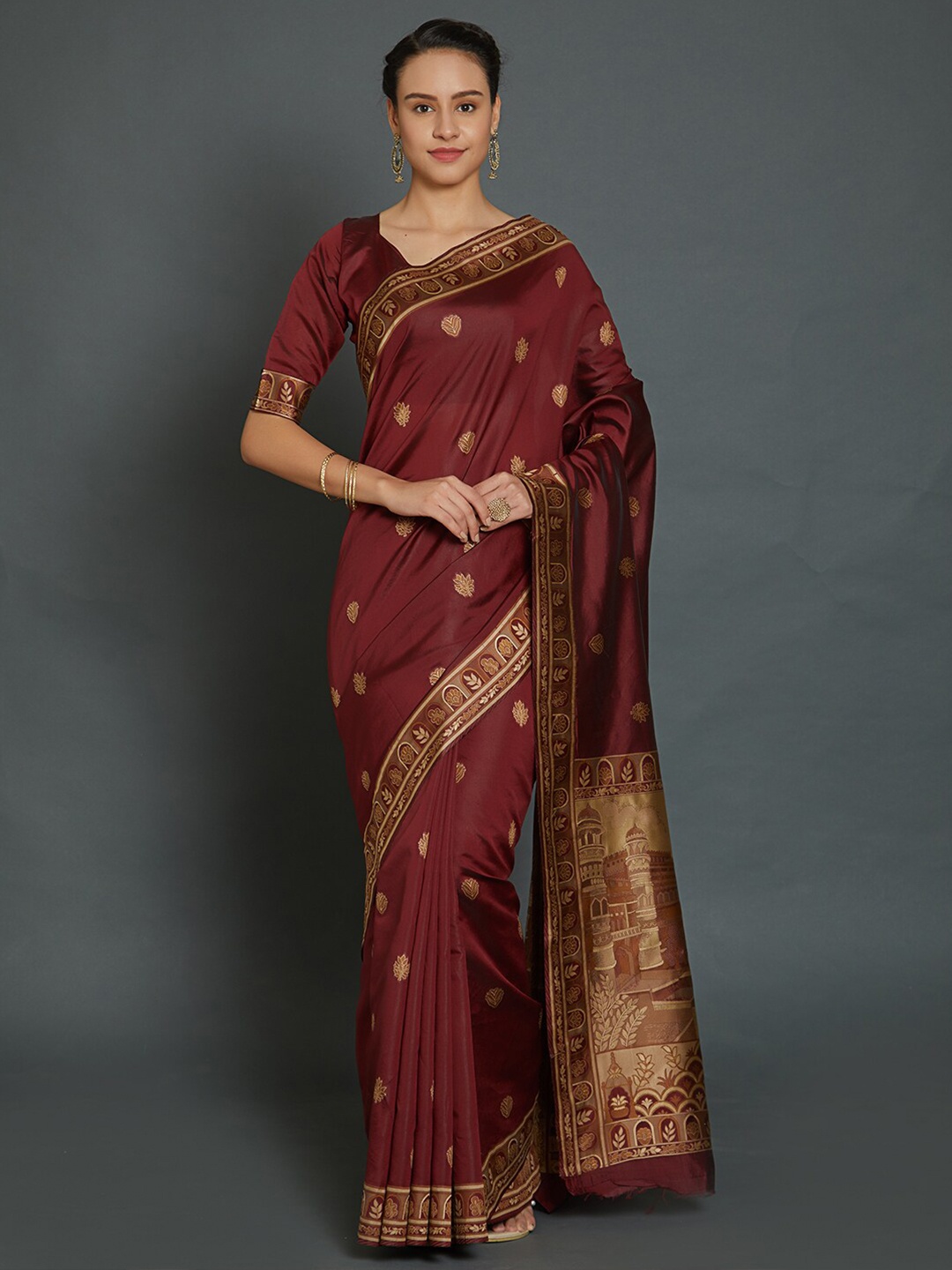 

Mitera Maroon & Gold-Toned Ethnic Motifs Embroidered Silk Blend Banarasi Saree