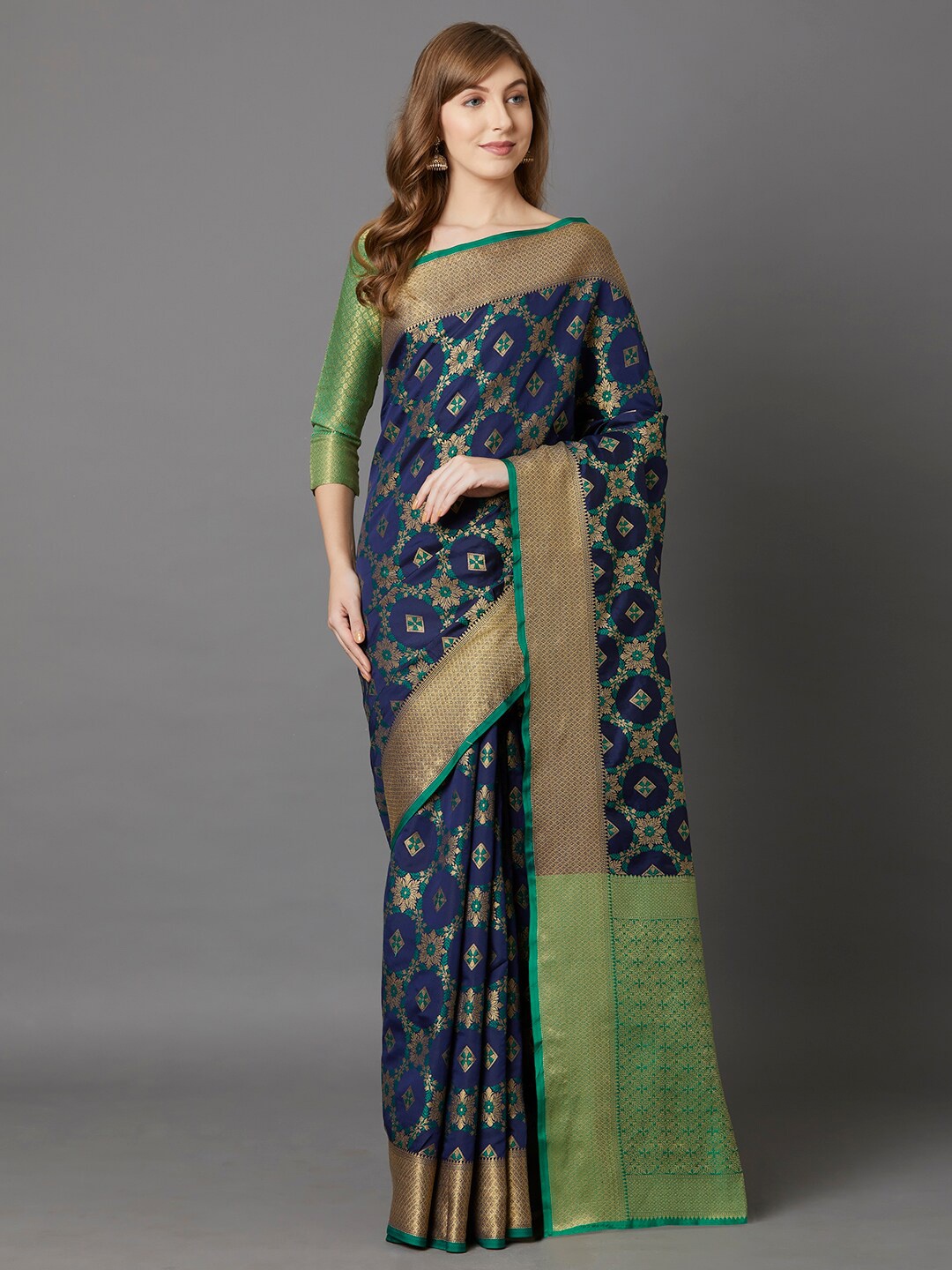 

Mitera Navy Blue & Lime Green Ethnic Motifs Zari Silk Blend Kanjeevaram Saree