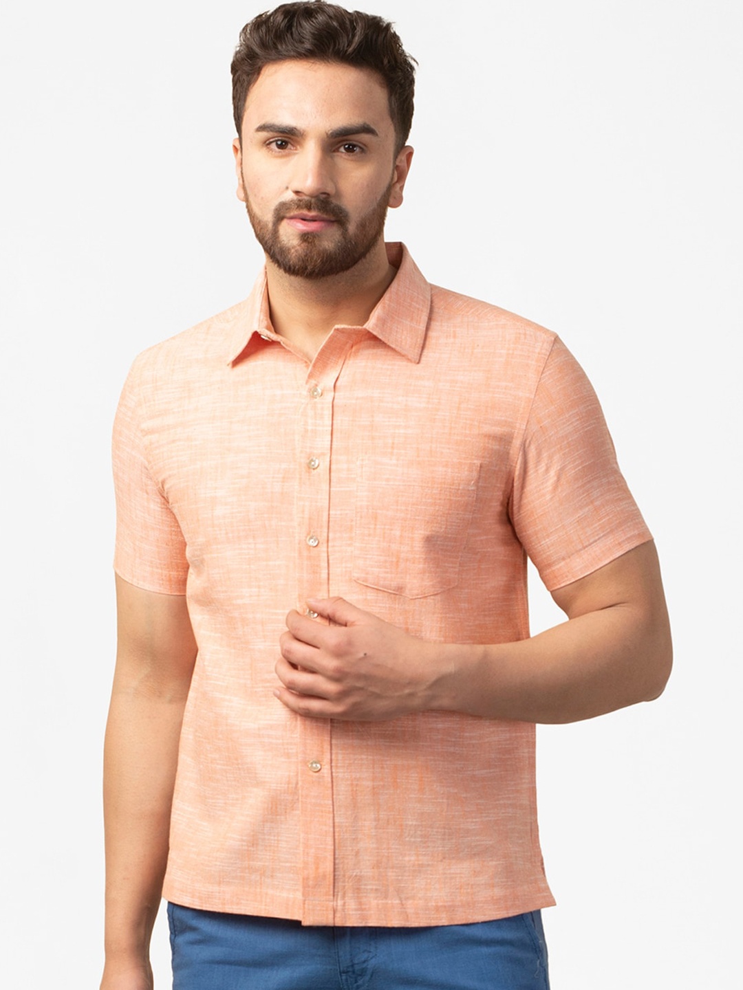 

Fabindia Men Coral Orange Cotton Regular Fit Casual Shirt