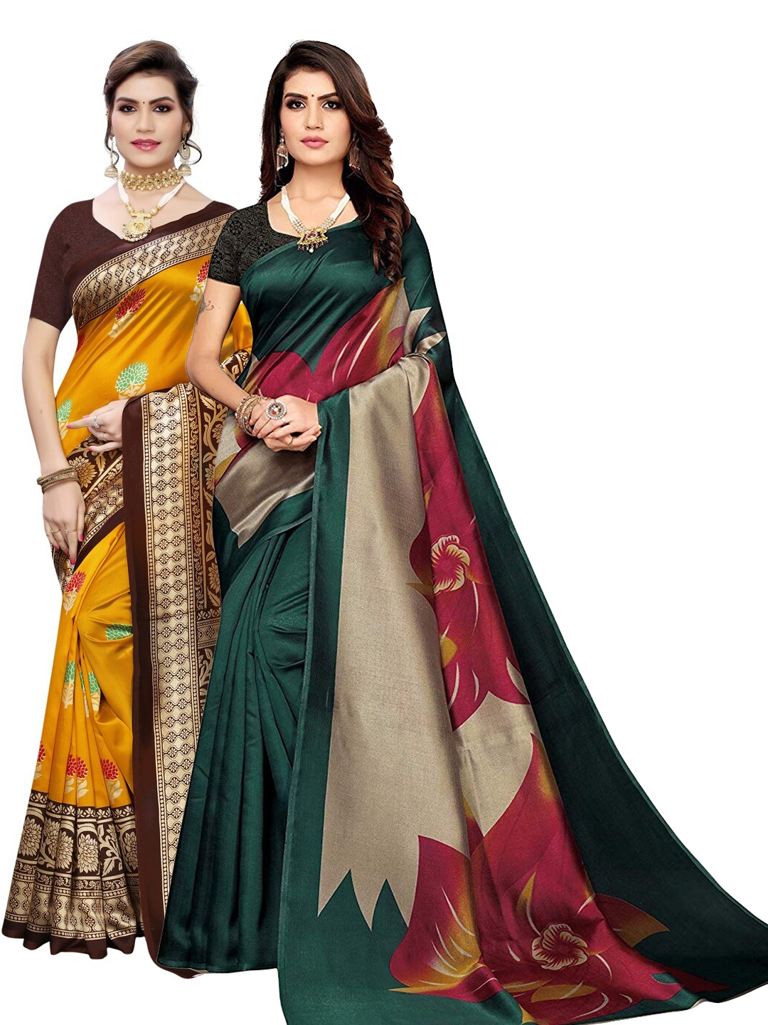 

KALINI Pack of 2 Mustard & Green Floral Poly Silk Saree