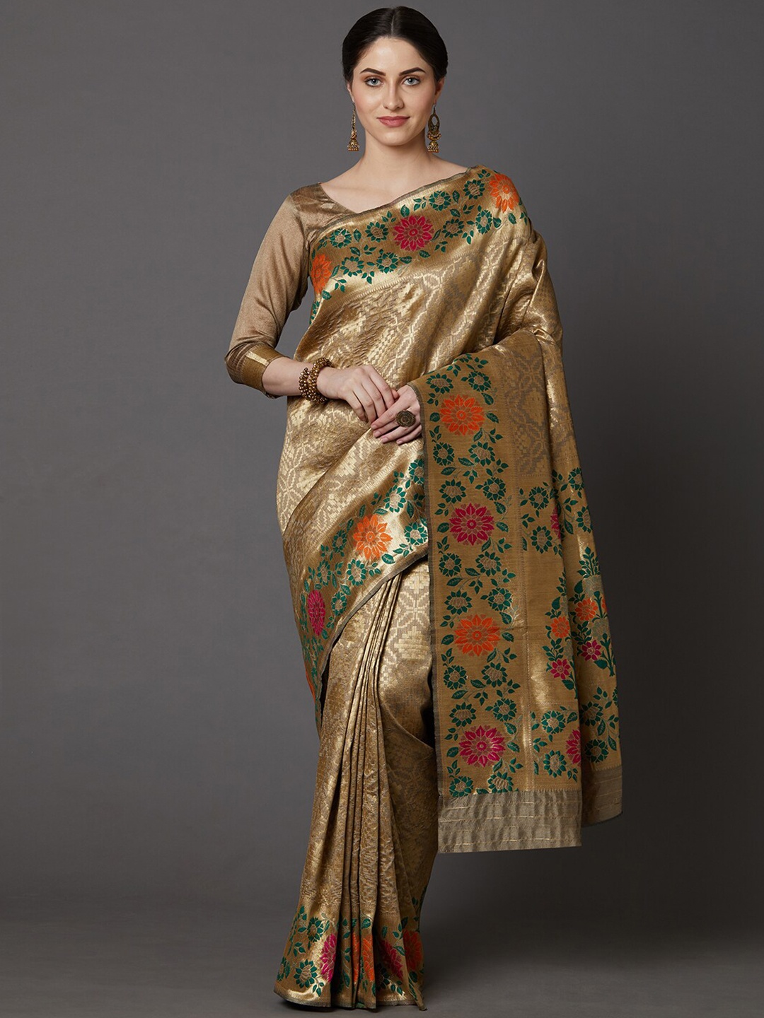 

Mitera Beige & Green Floral Gotta Patti Silk Blend Banarasi Saree