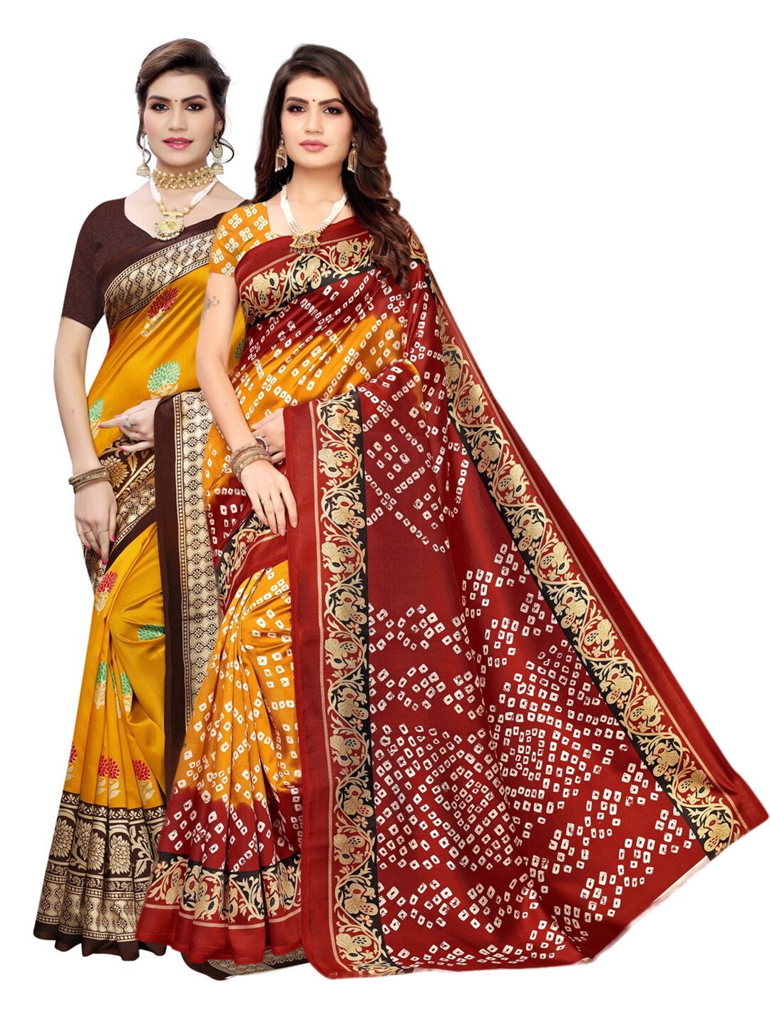 

KALINI Pack Of 2 Yellow & Maroon Floral Sarees