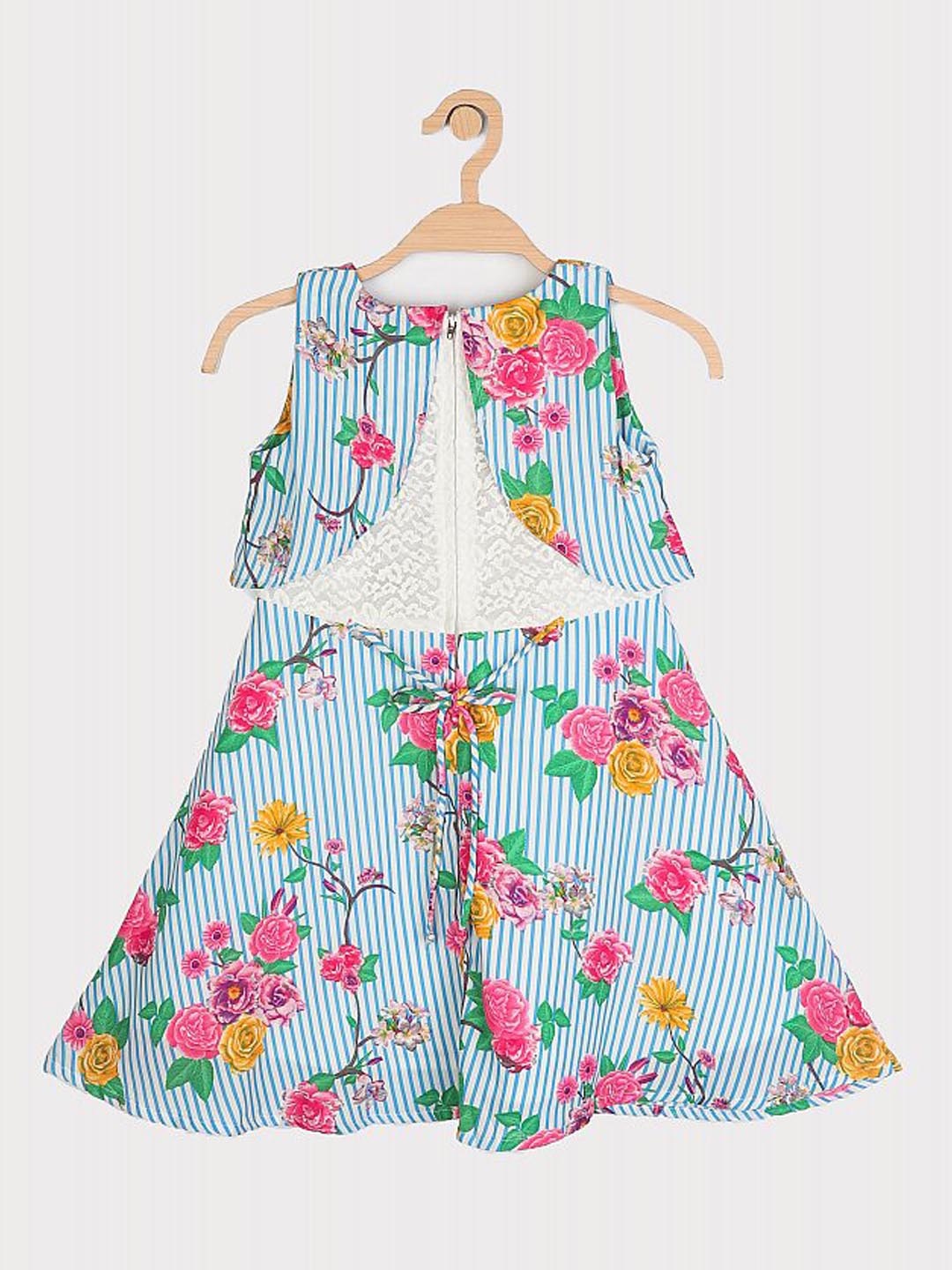 

Peppermint Girls Blue & White Striped A-Line Dress with Floral Print Detail