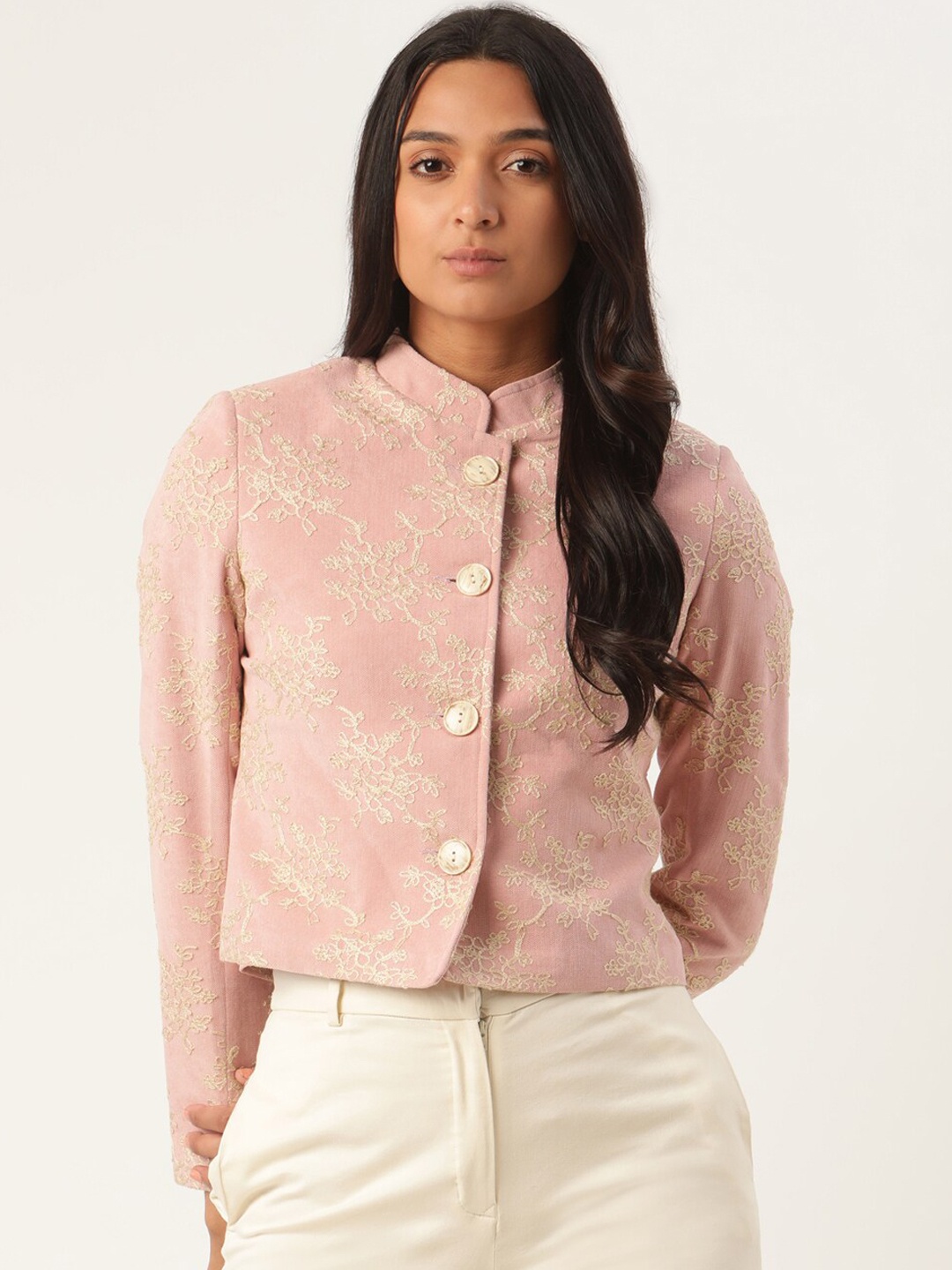 

ROOTED Women Pink & Beige Embroidered Coat