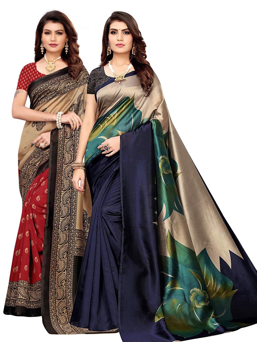 

KALINI Beige & Navy Blue Pack of 2 Ethnic Motifs Saree