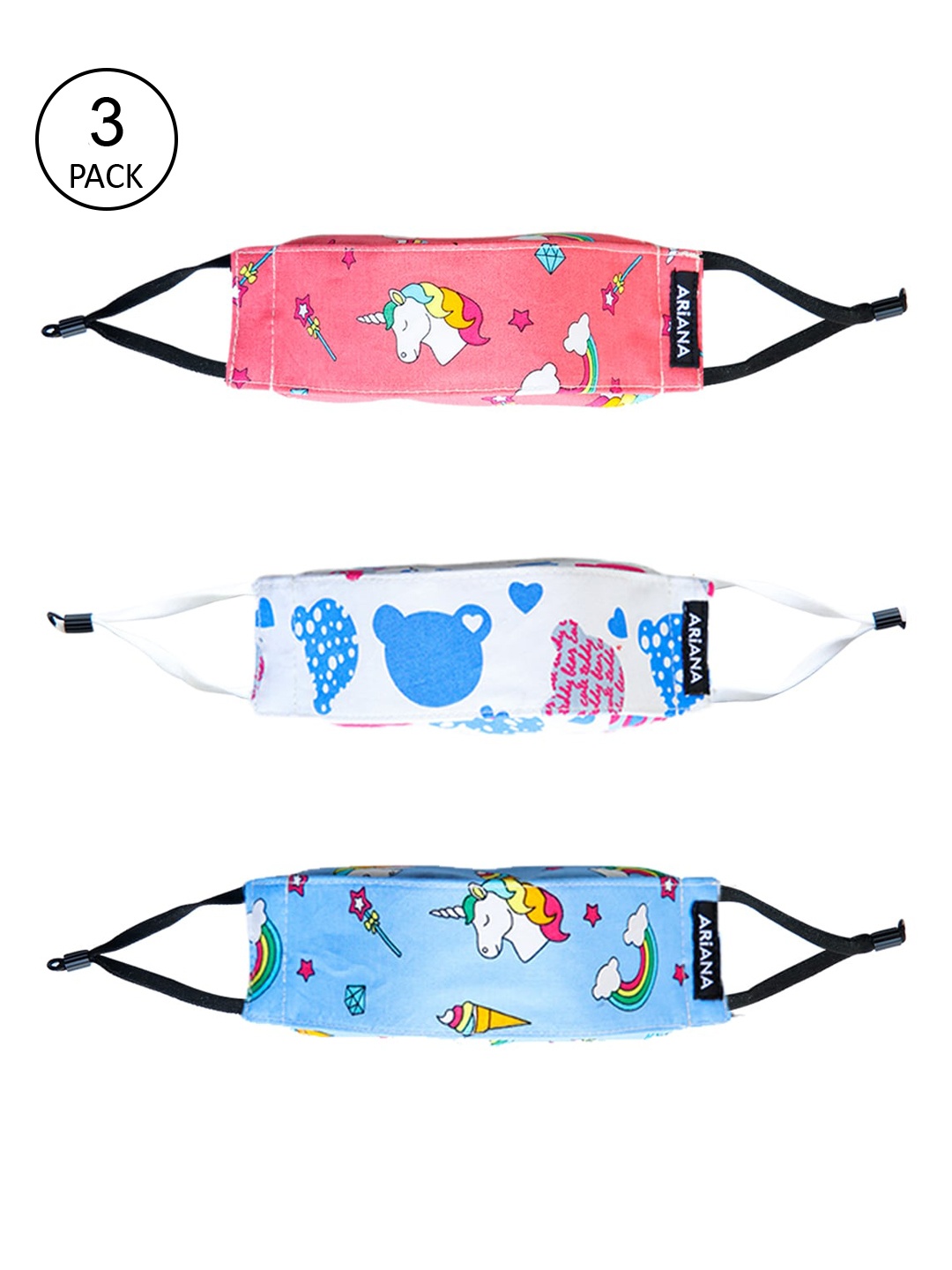 Ariana Kids Pack Of 3 Printed Cotton 7-Ply 3D Reusable Cloth Face Masks, Pink