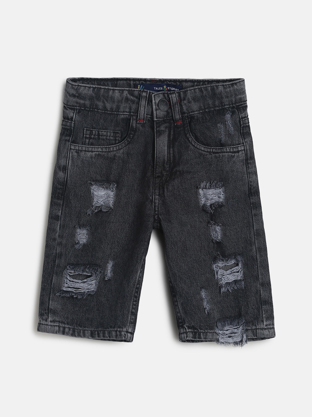 

TALES & STORIES Boys Black Washed Mid-Rise Distressed Cotton Denim Shorts
