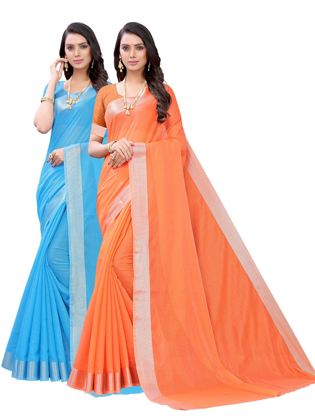 

KALINI Pack Of 2 Blue & Orange Zari Sarees