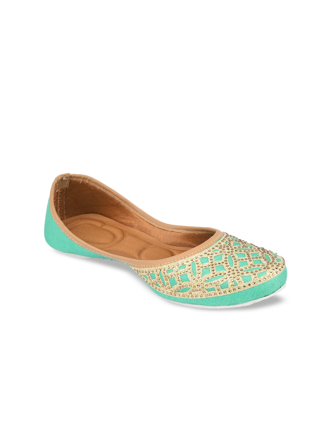 DESI COLOUR Women Green Ethnic Embellished Mojaris Flats