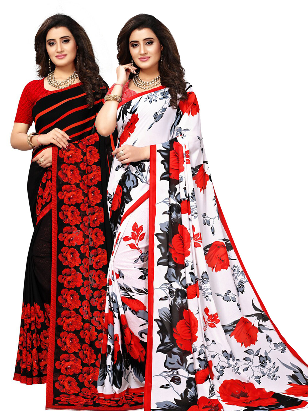 

KALINI Black & Off White Pack of 2 Floral Pure Georgette Saree