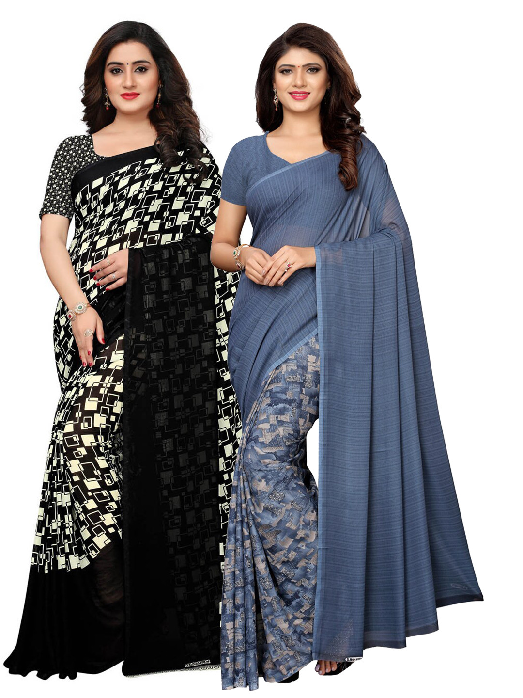 

KALINI Black & Blue Pack of 2 Pure Georgette Saree